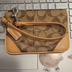Coach Tan and Brown Signature Canvas Wristlet with Leather Trim
